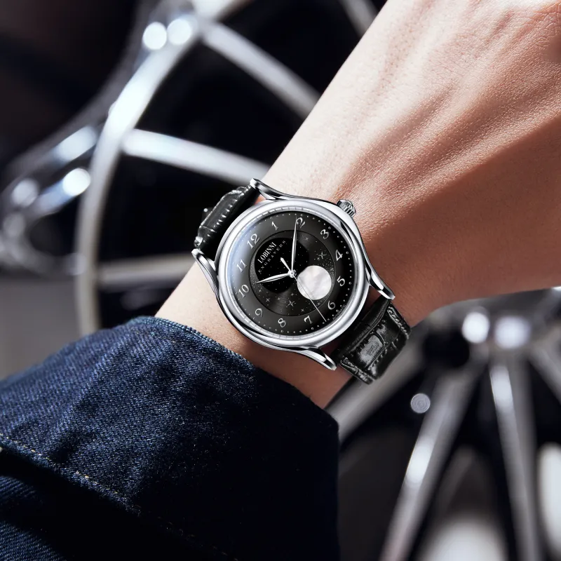 LOBINNI L Mechanical Movement Genuine Leather Strap Watch Men's Watches Black Dial-3