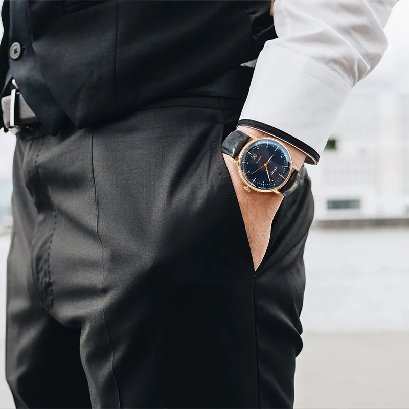 A.b.art Wrist Watch Automatic Mechanical Movement Genuine Leather Strap Blue Dial Men's Watches G104-D-3