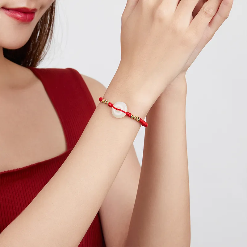 ZHOU LIU FU Red String Beaded Bracelet White Jade Women's-4