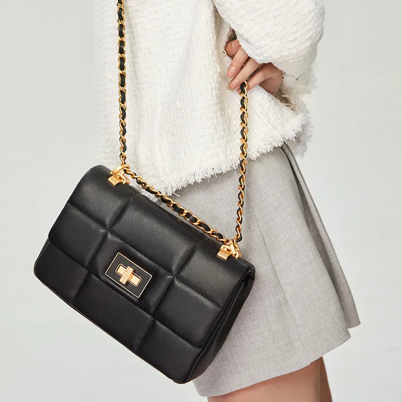 FION Genuine Leather Chain Small Square Bag, Shoulder Bag, Crossbody Bag Women's-6