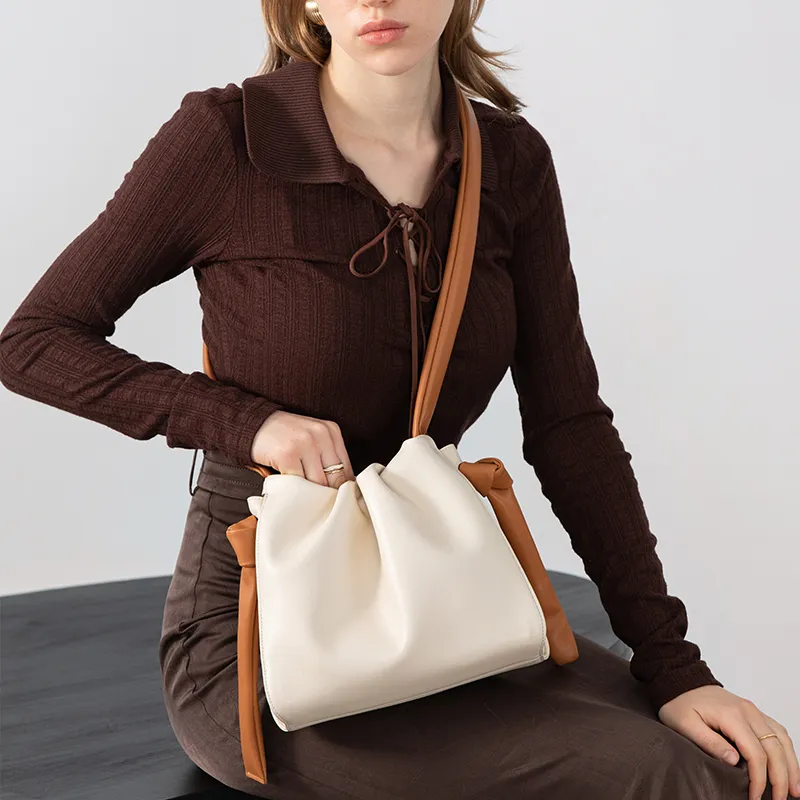 VENOF Cow Leather Bucket Bag, Shoulder Bag, Crossbody Bag Medium Size Women's Cloud White/Tender Shoot Yellow-4