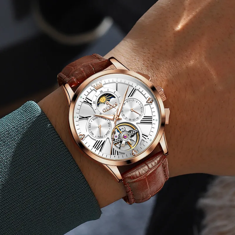 OLEVS Wisdom Series Mechanical Movement Leather Strap Watch Men's Watches Black Dial-23
