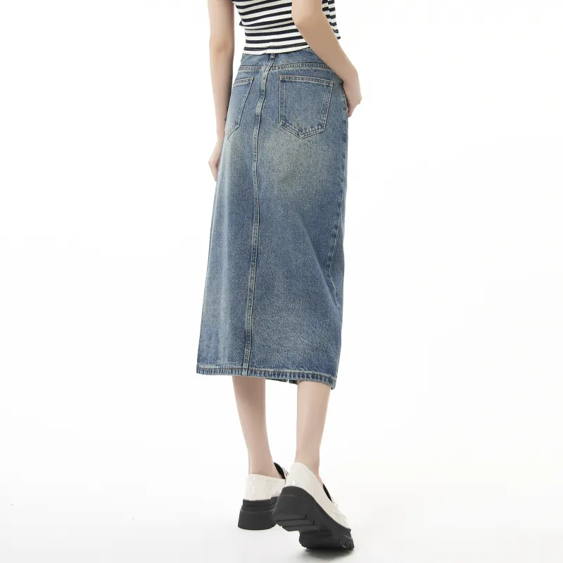 QYPRF Denim Long Skirts Women's Vintage Blue-3