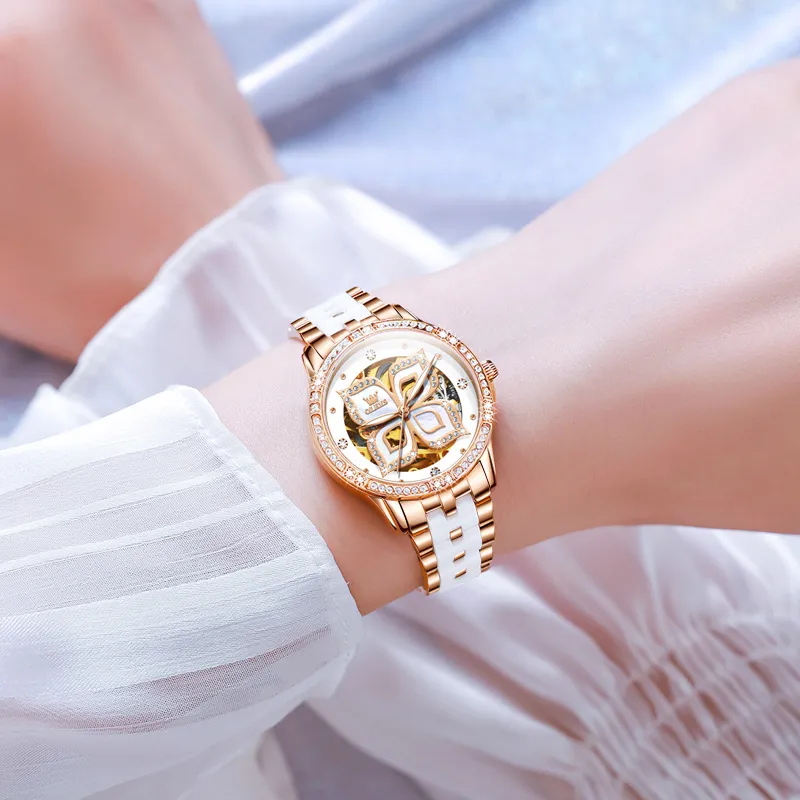 OLEVS Minimalist Series Mechanical Movement Ceramic Strap Watch Women's Watch White Dial-8