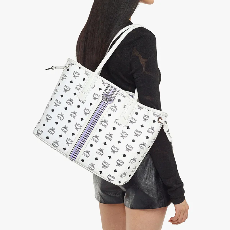 MCM Liz Visetos Fabric+Artificial Leather Combo Bag, Tote Bag, Shopping Bag, Shoulder Bag Medium Size Women's White-7