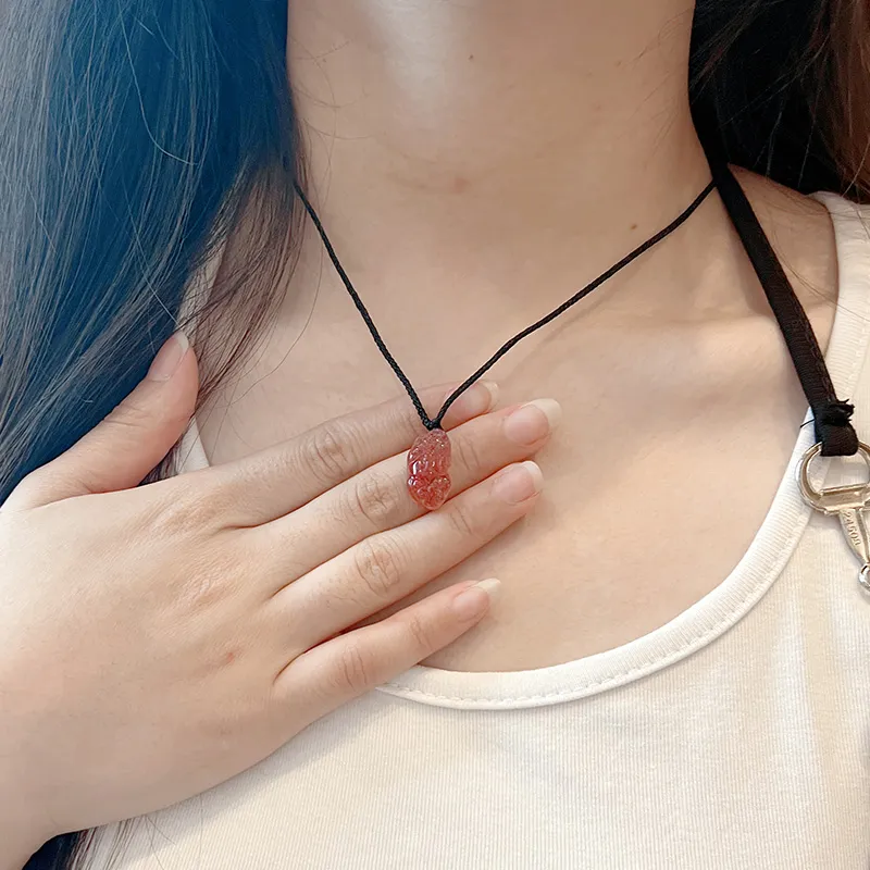 TRUE ME Obsidian Strawberry Crystal Braided String Necklace Unisex-3