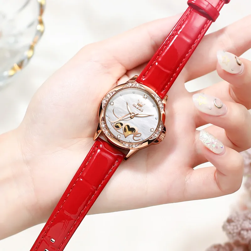 OLEVS Mechanical Movement Leather Strap Watch Women's Watch Mother of Pearl Color Watch Dial-8