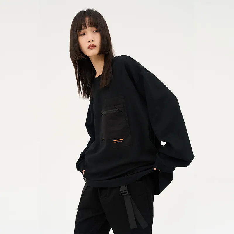 RUNNINWHEEL Crew Neck Loose Fit Sweatshirt Unisex Black-5