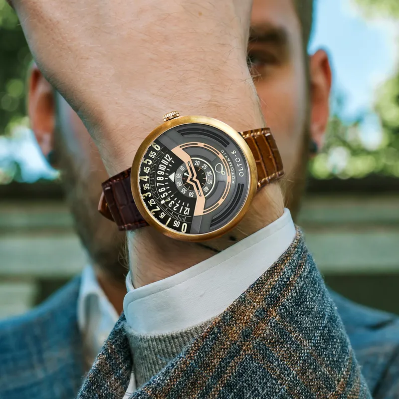 OLTO 8 UFO Series Wrist Watch Automatic Mechanical Movement Genuine Leather Strap Black Dial Men's Watches-8
