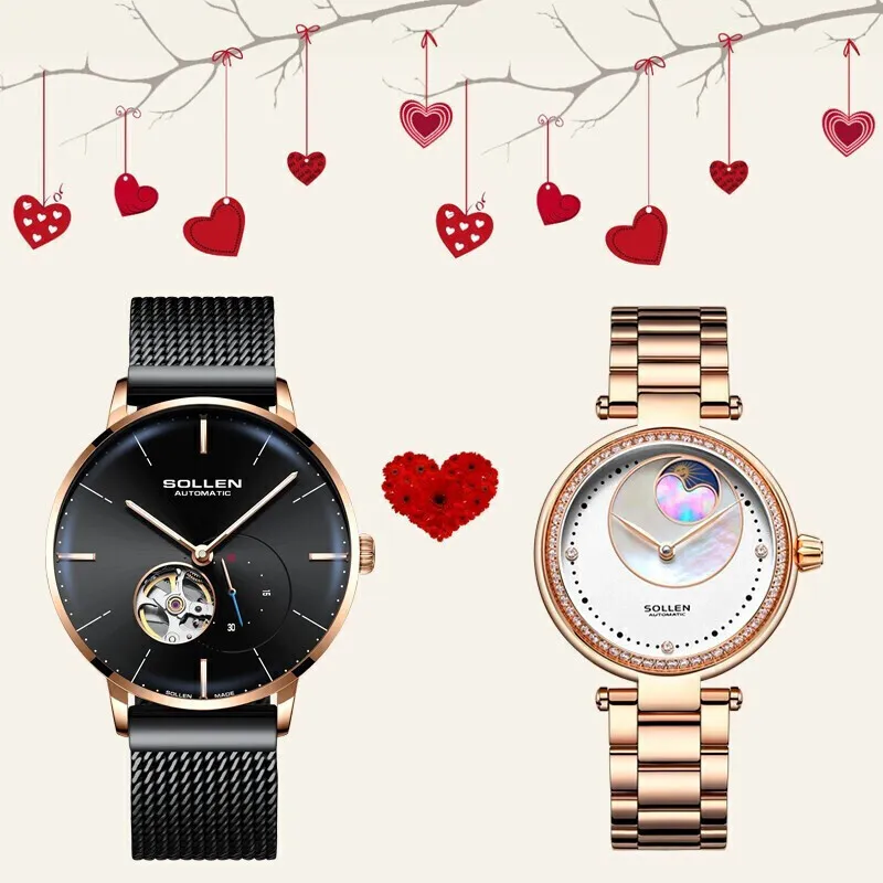 SOLLEN Automatic Mechanical Movement Stainless Steel Watchband Watch Unisex Black Dial SL520-3