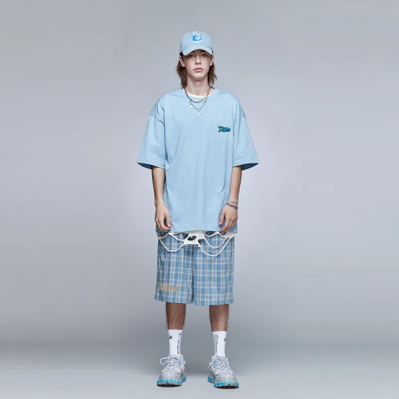 Guuka Casual Shorts Men Blue Plaid-2