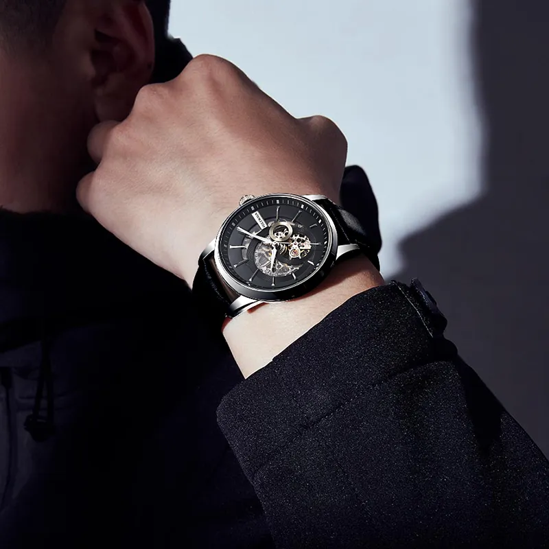 FOCEWALK Mechanical Movement Leather Strap Watch Men's Watches Black Dial-3