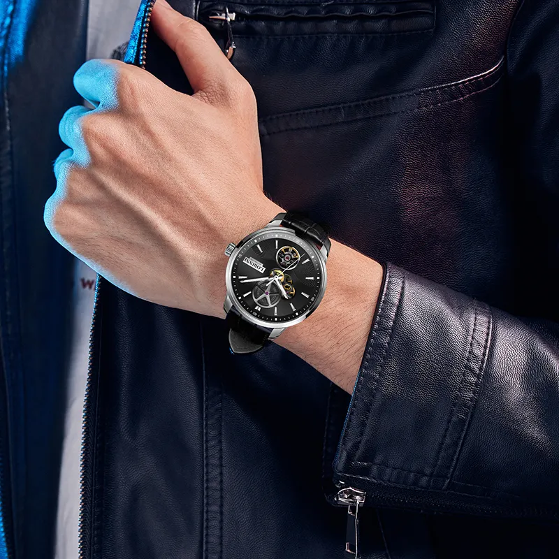 LOBINNI L Automatic Mechanical Movement Genuine Leather Strap Watch Men's Watches Black Dial-9