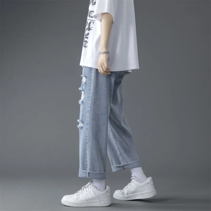 FAIRWHALE Summer Jeans Unisex Ripped Denim Blue-3