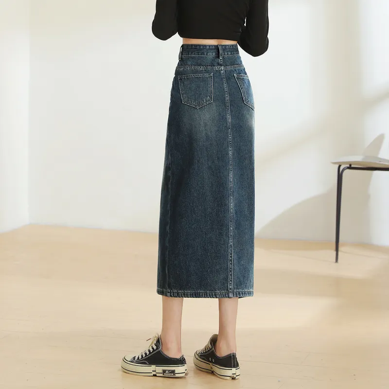 MITUAN Denim Long Skirts Women's Vintage Blue-3