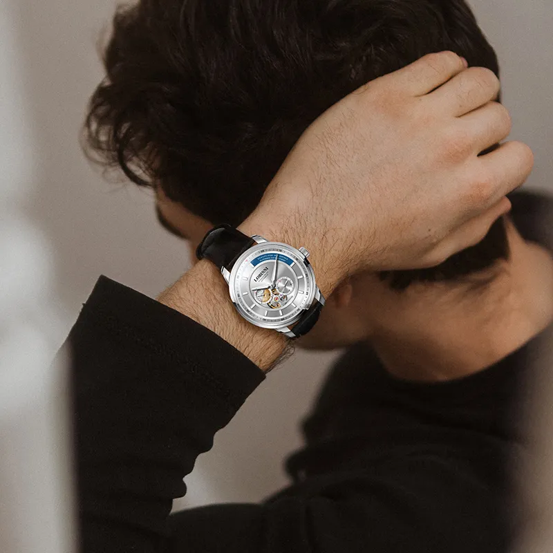 LOBINNI L Automatic Mechanical Movement Genuine Leather Strap Watch Men's Watches Black Dial-8