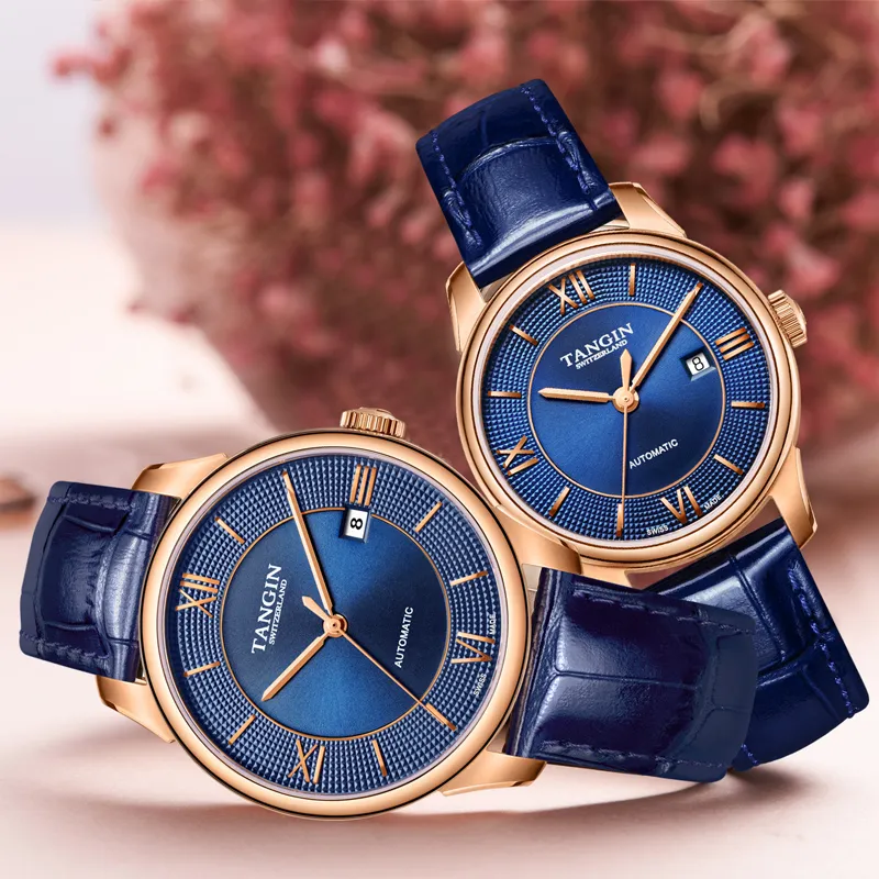 TANGIN Segru Series Automatic Mechanical Movement Unisex Watch 39mm 39 Blue Dial Genuine Leather Strap-1