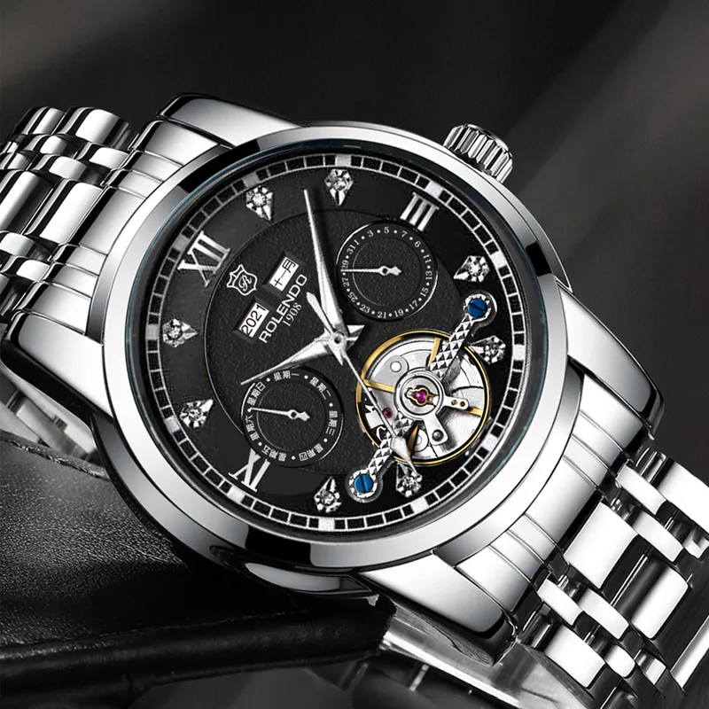 ROLENDO R Tide Play Series Automatic Mechanical Movement Stainless Steel Watchband Watch Men's Watches Black Dial-4
