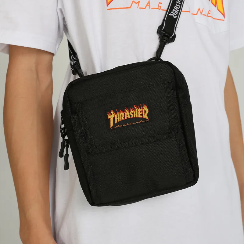 Thrasher Nylon Shoulder Bag, Crossbody Bag Small Size Unisex Black-1