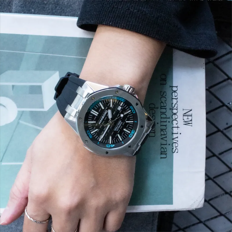 HANBORO Diving Collection Automatic Mechanical Movement Silicone Strap Watch Men's Watches White Dial-3