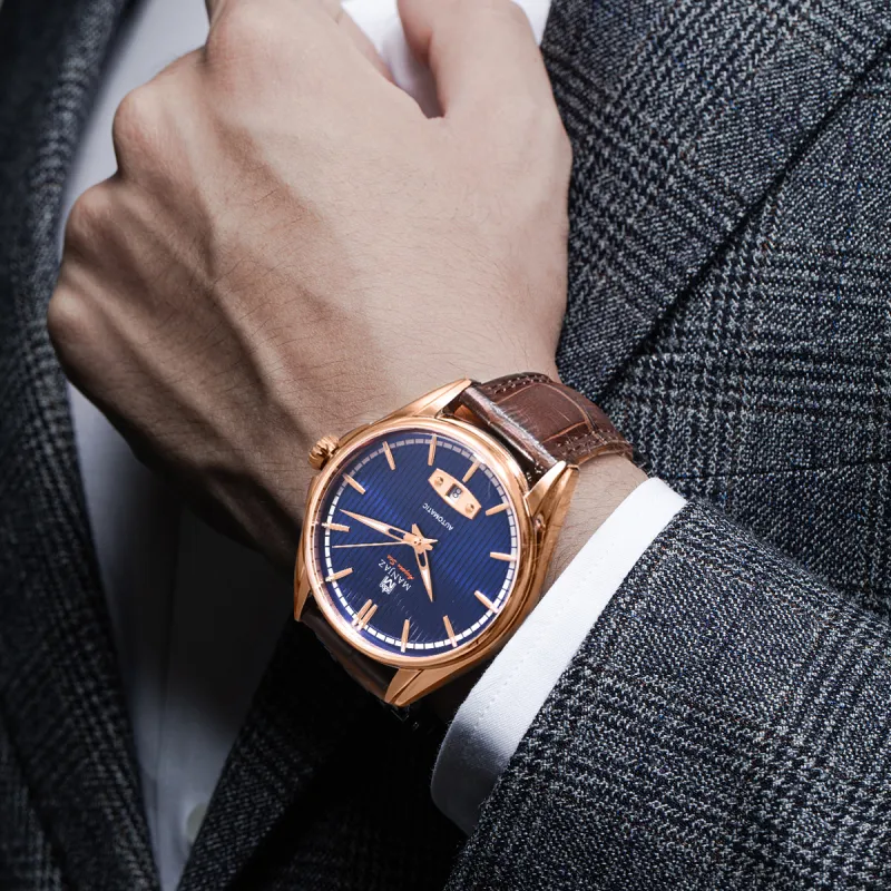 MANJAZ Automatic Mechanical Movement Leather Watch Bands Watch Men's Watches Blue Dial-2