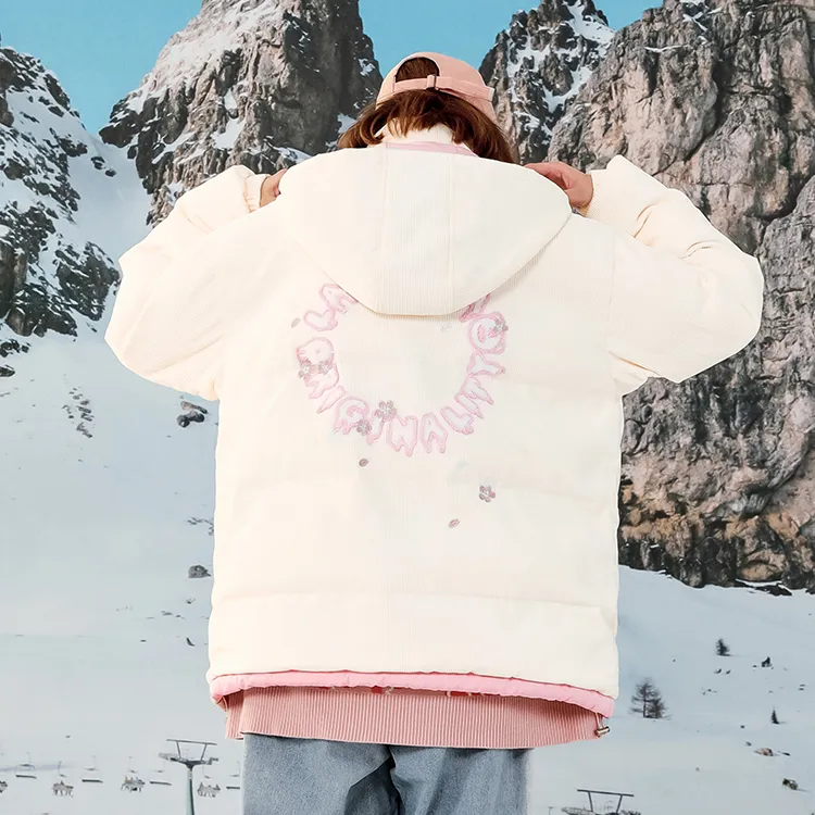 LAMLICKA Letter Hooded Loose Fit Thickened Puffer Jacket Unisex Apricot-3