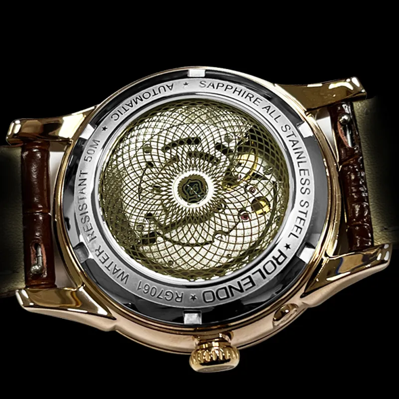 ROLENDO R Automatic Mechanical Movement Genuine Leather Strap Watch Men's Watches Coffee Watch Dial-3