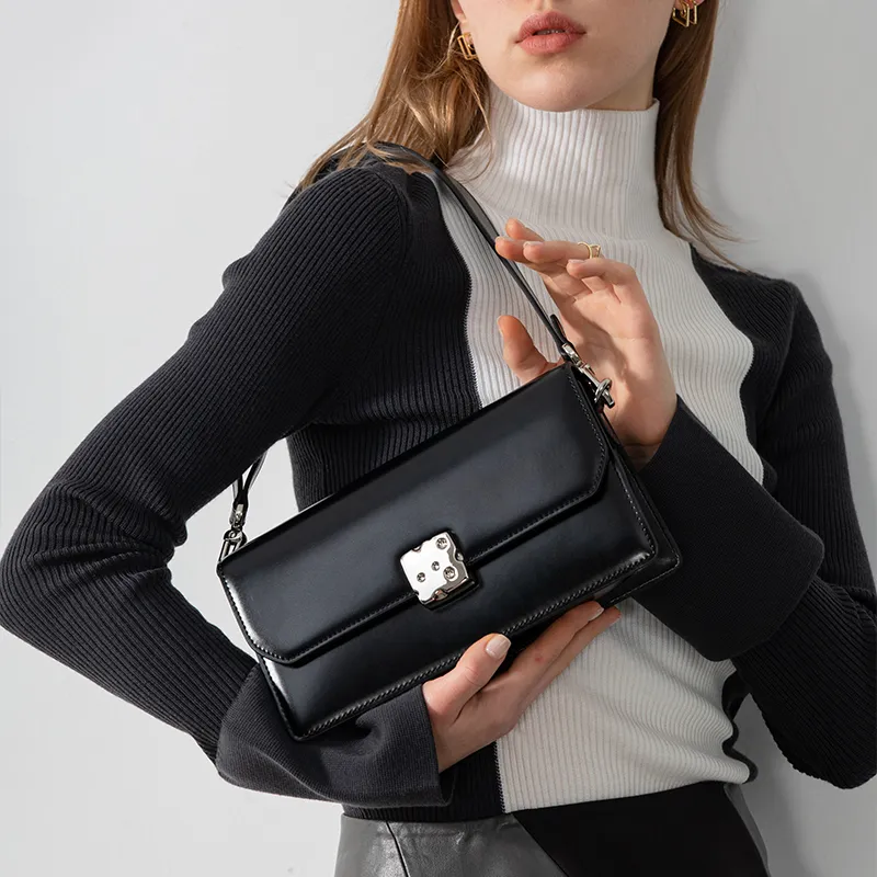 VENOF Cow Leather Small Square Bag Shoulder Bag Women's Black Forest/Cream White/Cheese Yellow-7