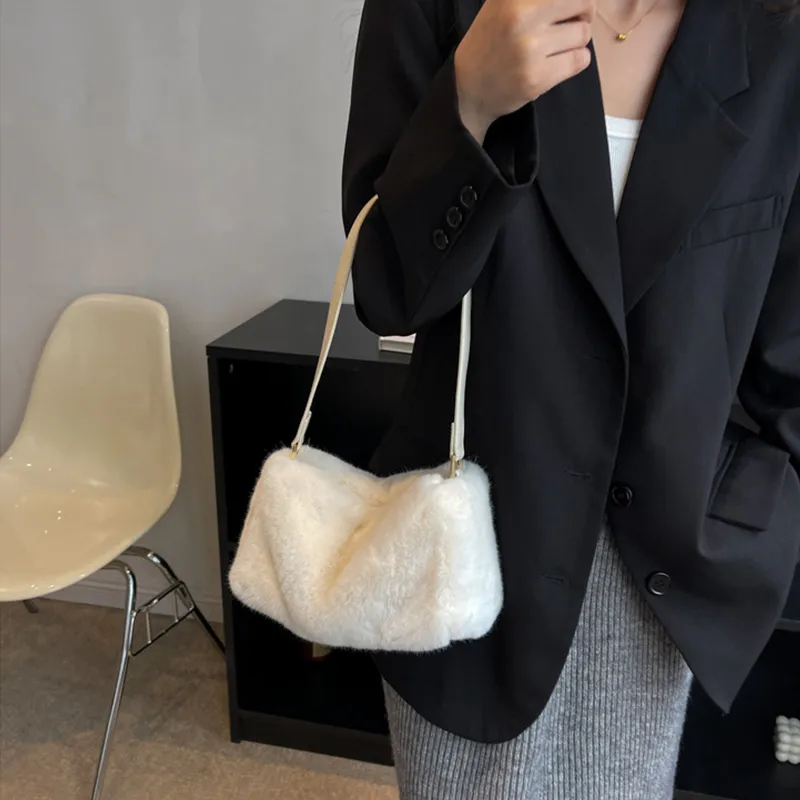 JANE KLAIN Plush Small Square Bag Shoulder Bag Medium Size Women's White/Apricot/Pink-4