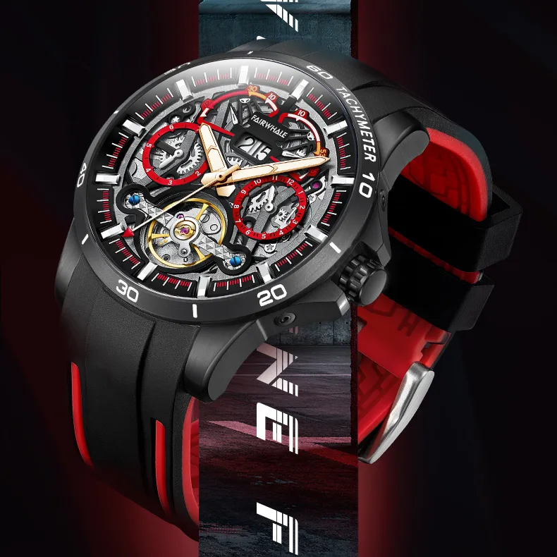 FAIRWHALE Pioneer Collection Men's Red Watch Automatic Mechanical Movement Watch Men's Watches Black Dial-2