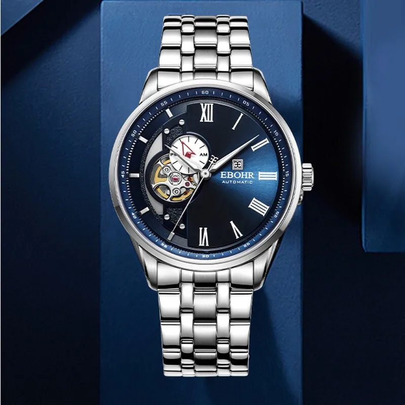 EBOHR Mechanical Movement Stainless Steel Strap Watch Unisex Blue Dial 19081316-1