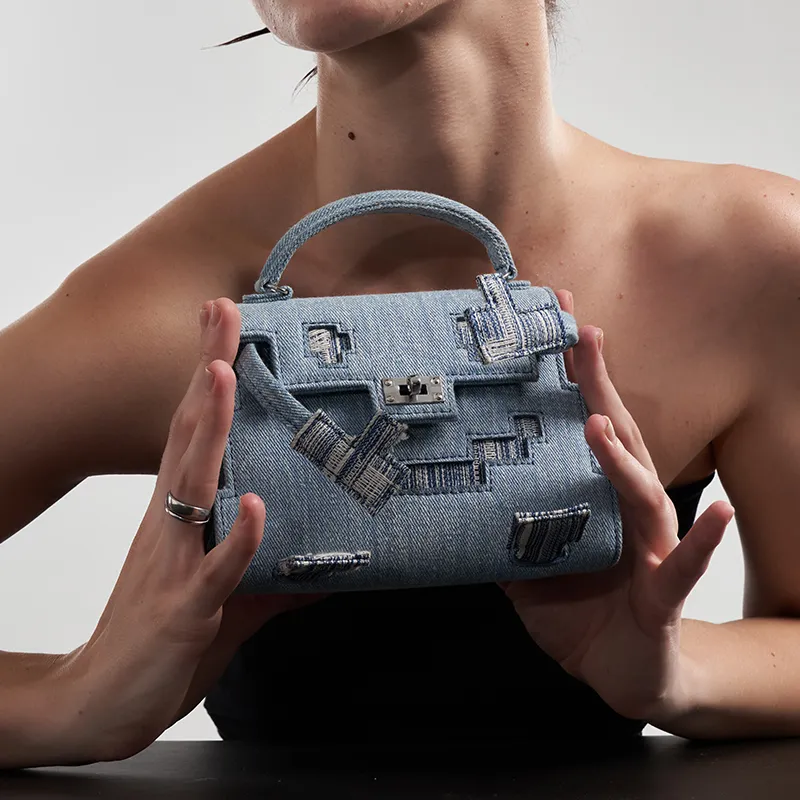 Margin Goods Denim Handbag Mini Women's Blue-3