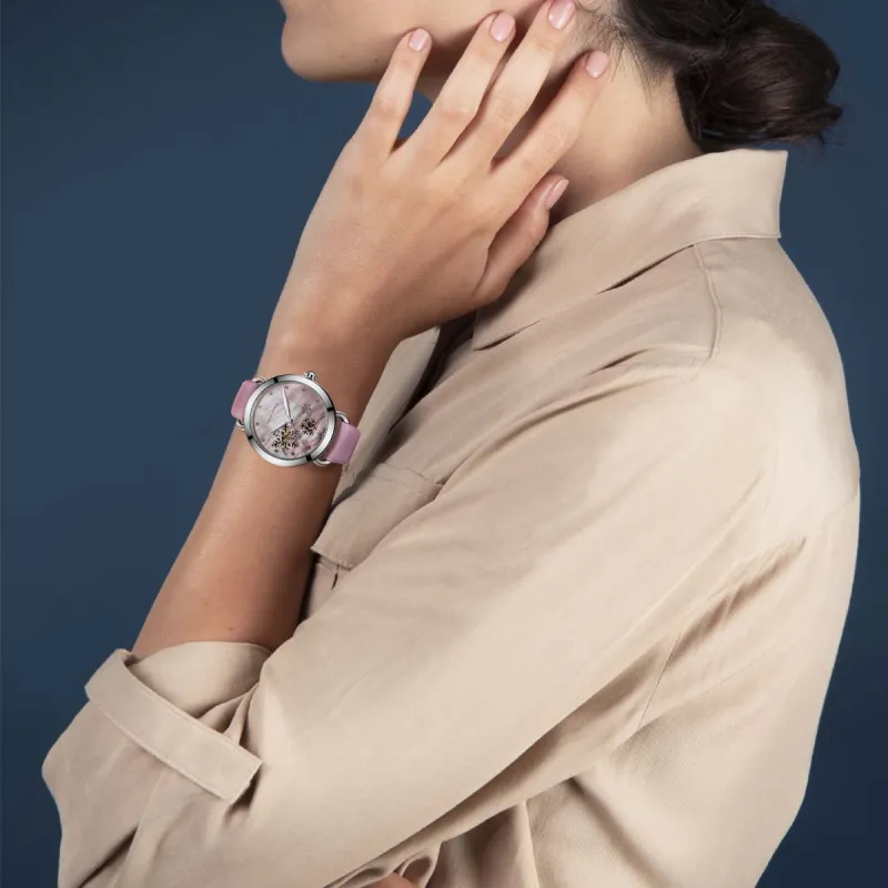 Sea Gull Hollow Series Automatic Mechanical Movement Spun Silk Strap Watch Women's Watch Pink Watch Dial 813.65.6029LK-7