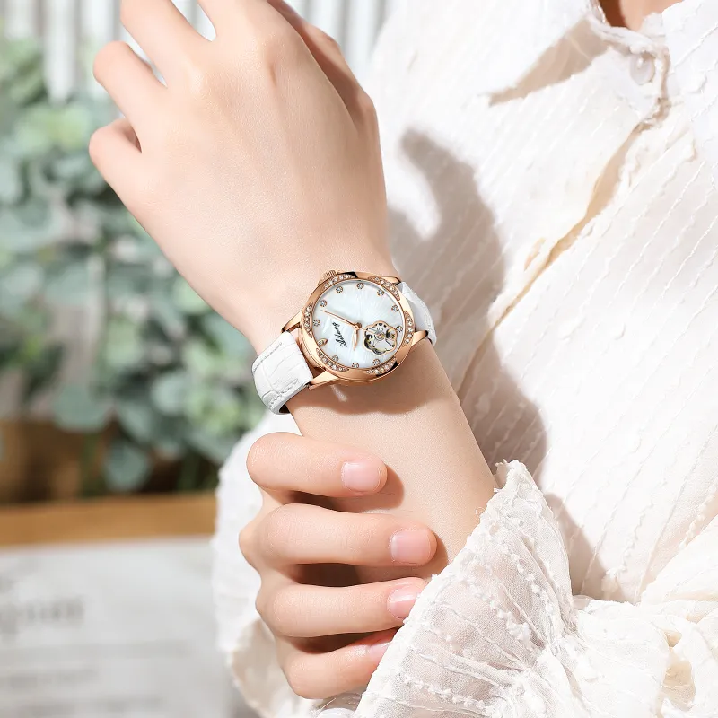 AILANG Automatic Mechanical Movement Genuine Leather Strap Watch Women's Watch White Dial-3