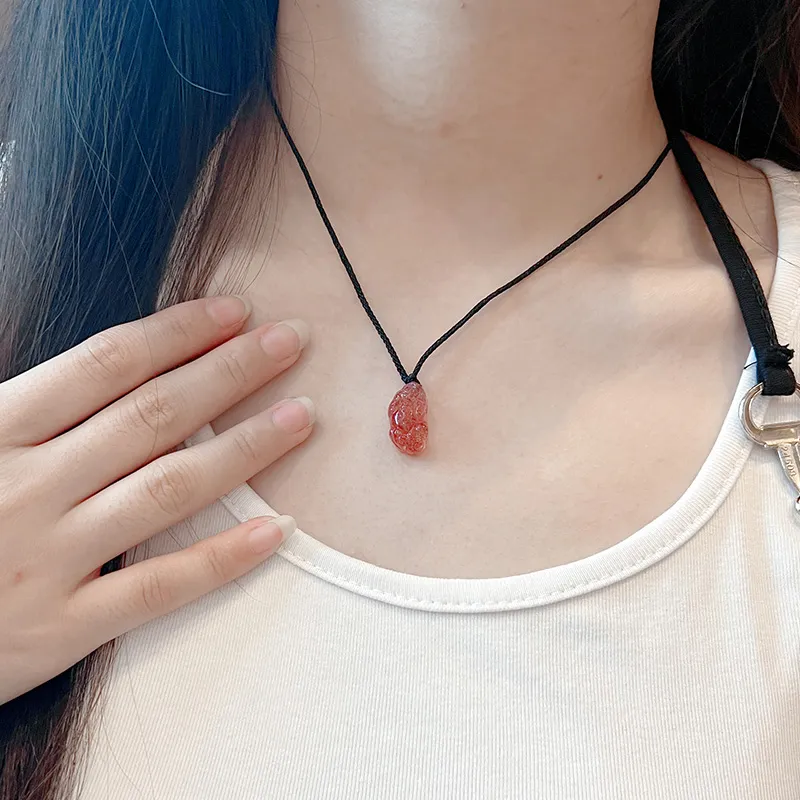 TRUE ME Obsidian Strawberry Crystal Braided String Necklace Unisex-5