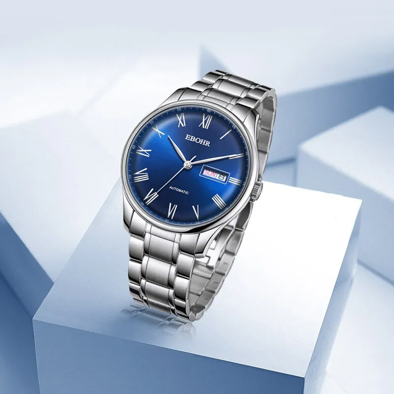 EBOHR Mechanical Movement Stainless Steel Strap Watch Men's Watches Blue Dial-2