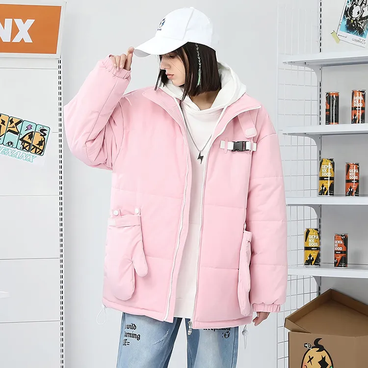 GENANX Solid Color Stand Collar Loose Fit Thickened Puffer Jacket Unisex-9