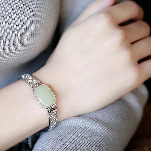 Xiaoyinjiang S925 Silver Hetian Jade Bracelet Hand Accessory Women's Pale Greenish White Jade-3