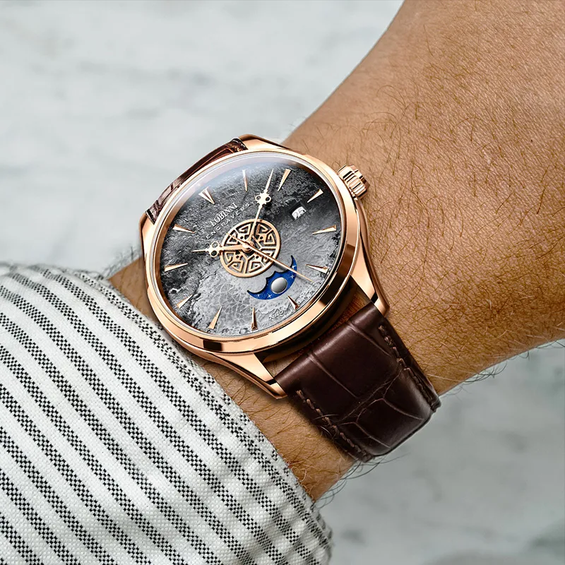 LOBINNI L Automatic Mechanical Movement Genuine Leather Strap Watch Men's Watches Blue Dial-13