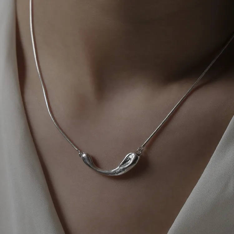 M.Wong 925 Sterling Silver Shimmer Flowing Freeform Pendant Collarbone Chain Necklace Unisex-5