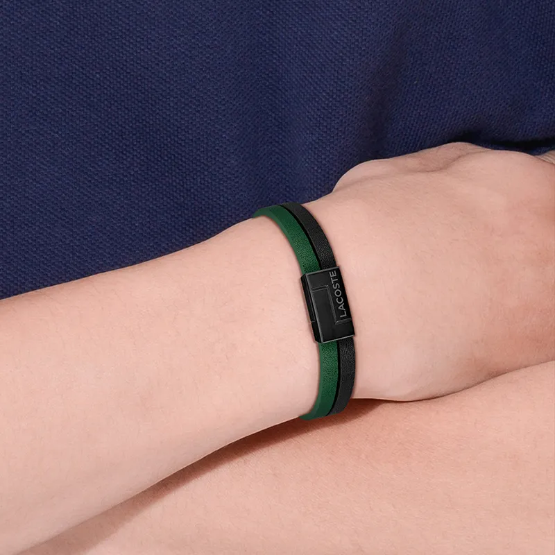 LACOSTE Classic Letter Logo Double Ring Leather Wristbands Men's Green 2040074-3