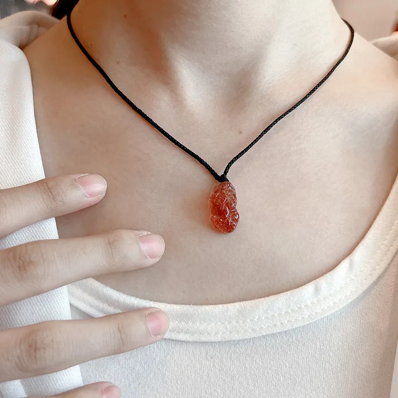 TRUE ME Obsidian Strawberry Crystal Braided String Necklace Unisex-2