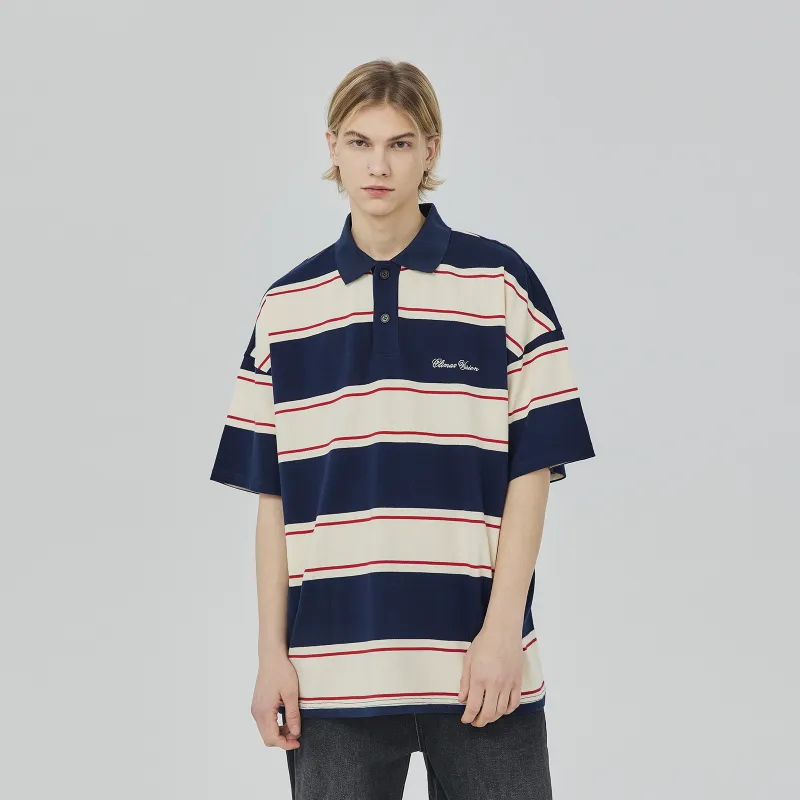 CLIMAX VISION Polo Shirts Unisex Navy Blue Beige Stripes-4