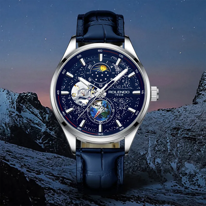 ROLENDO R Automatic Mechanical Movement Cowhide Strap Watch Men's Watches Black Dial-9