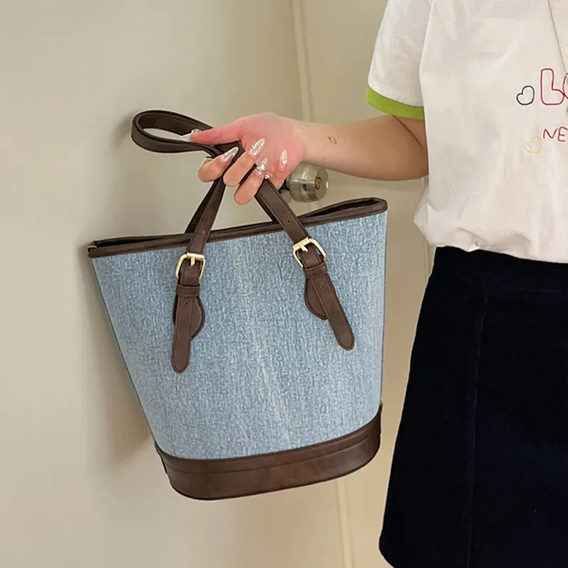 HCXK Denim Tote Bag Shopping Bag Shoulder Bag Women's Light Blue/navy-3