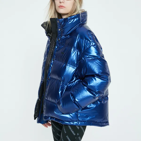 DKNY FW22 Solid Color Lapel Loose Fit Thickened Down Jacket Women's Metal Blue-4