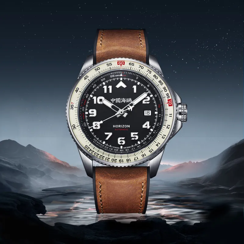 Sea Gull PILOT Skyline Collection Automatic Mechanical Movement Rubber Band Strap Watch Men's Watches Black Dial-3