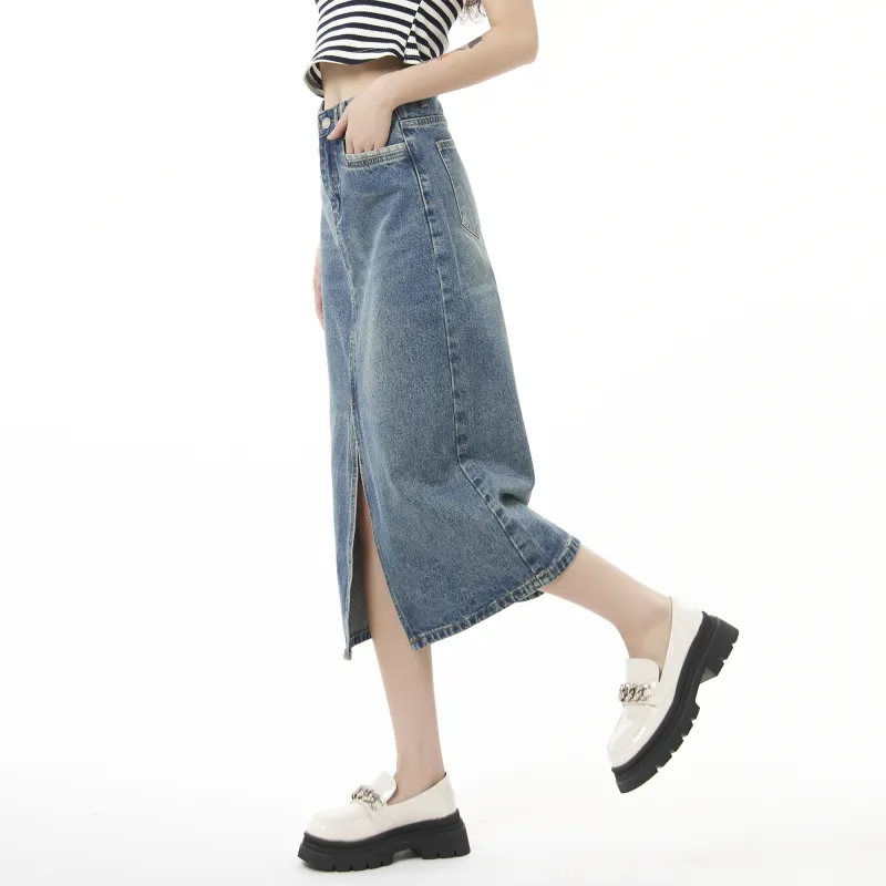 QYPRF Denim Long Skirts Women's Vintage Blue-4