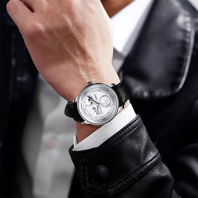 LOBINNI L Automatic Mechanical Movement Genuine Leather Strap Watch Men's Watches White Dial-2