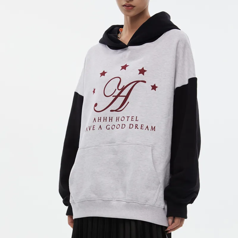 Ahhhing Hooded Loose Fit Regular Sweatshirt Unisex Gray Black Color Blocking-2